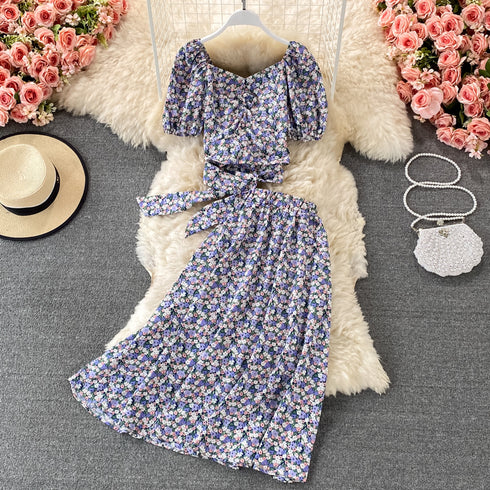 Floral Chiffon Square Neck Puff Sleeve Two Piece Skirt Set